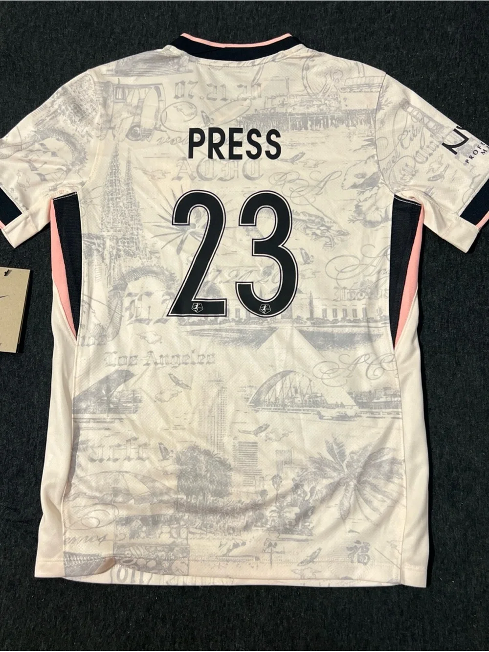 Nike Boys Medium 'Press 23' Soccer Jersey in White, Black & Pink Trim